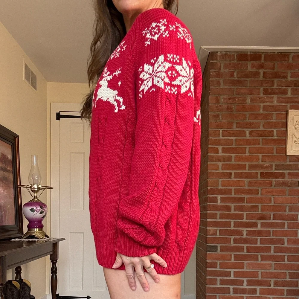 Lands End Red Womens Holiday Cabincore Grandpa Sweater Reindeer Snowflakes - Picture 4 of 9